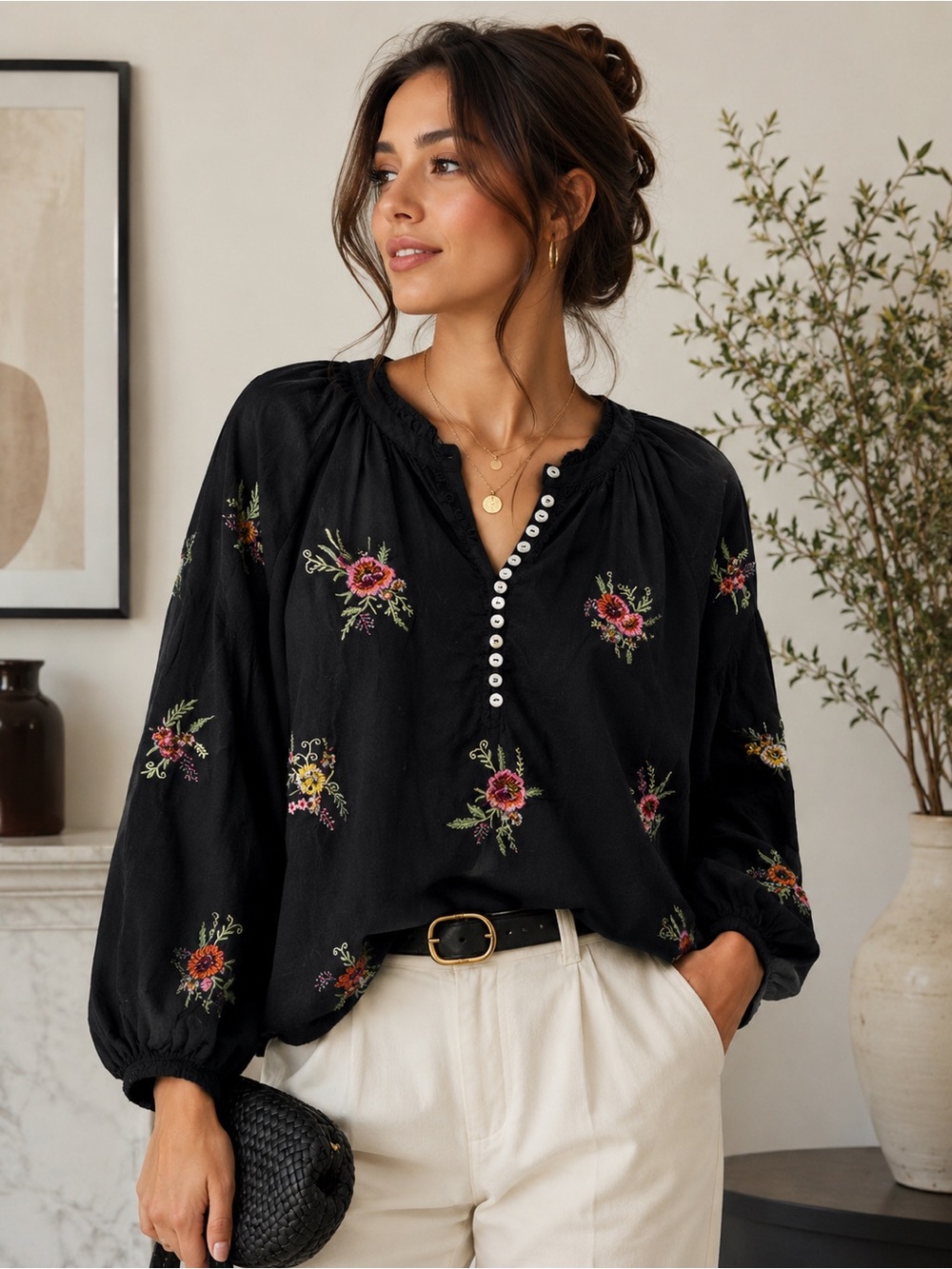 Sfera Collection Black Floral Embroidered Peasant Blouse